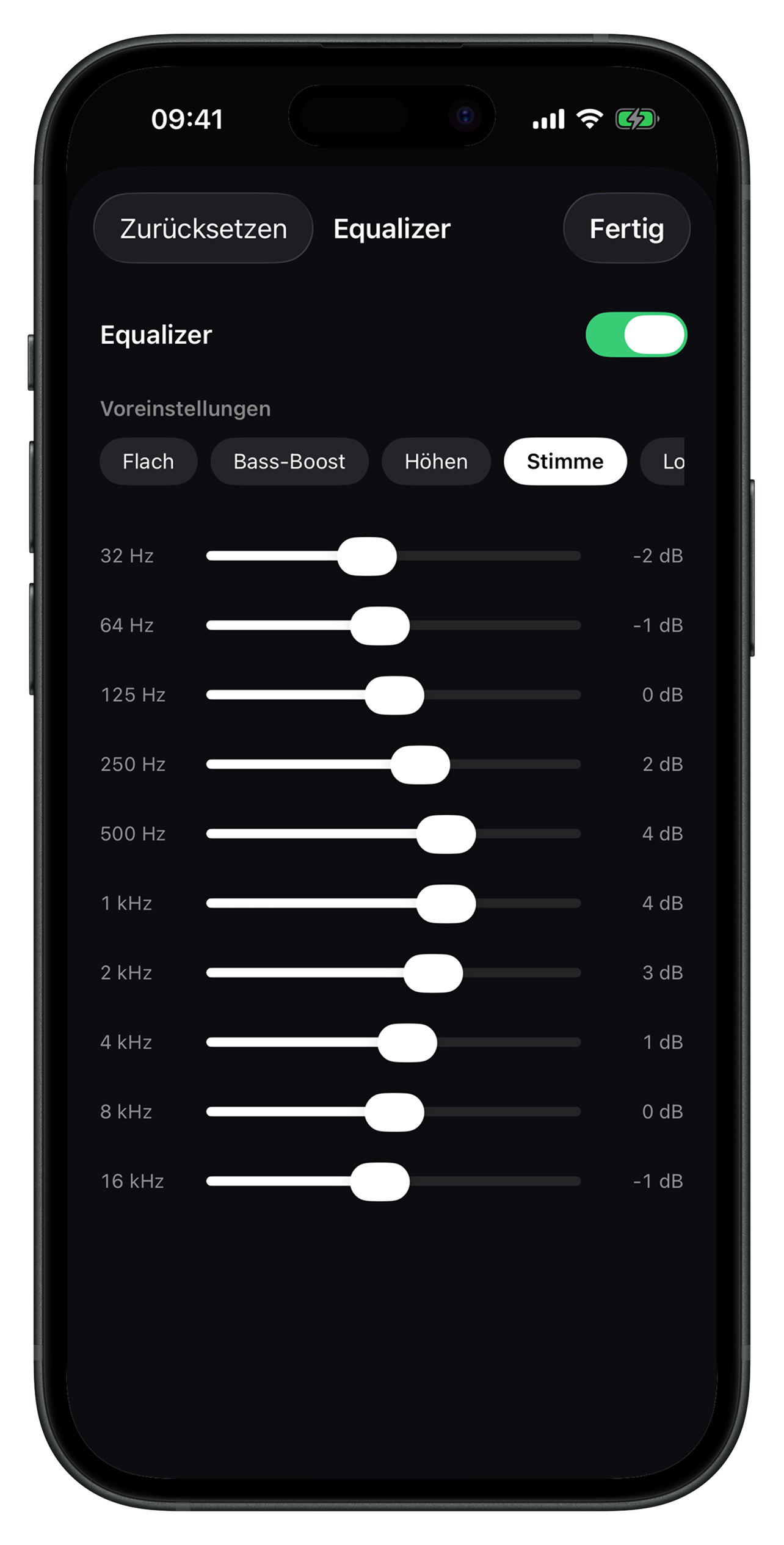 Luma 10-Band-Equalizer mit Presets und dB-Reglern für jedes Frequenzband