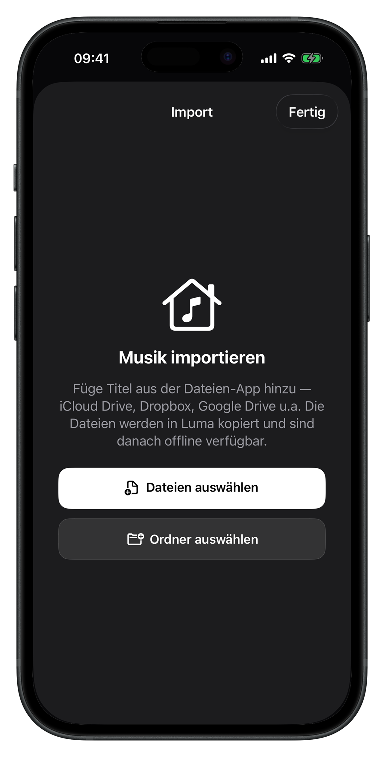 Luma Import-Bildschirm: Dateien oder Ordner aus der Dateien-App auswählen