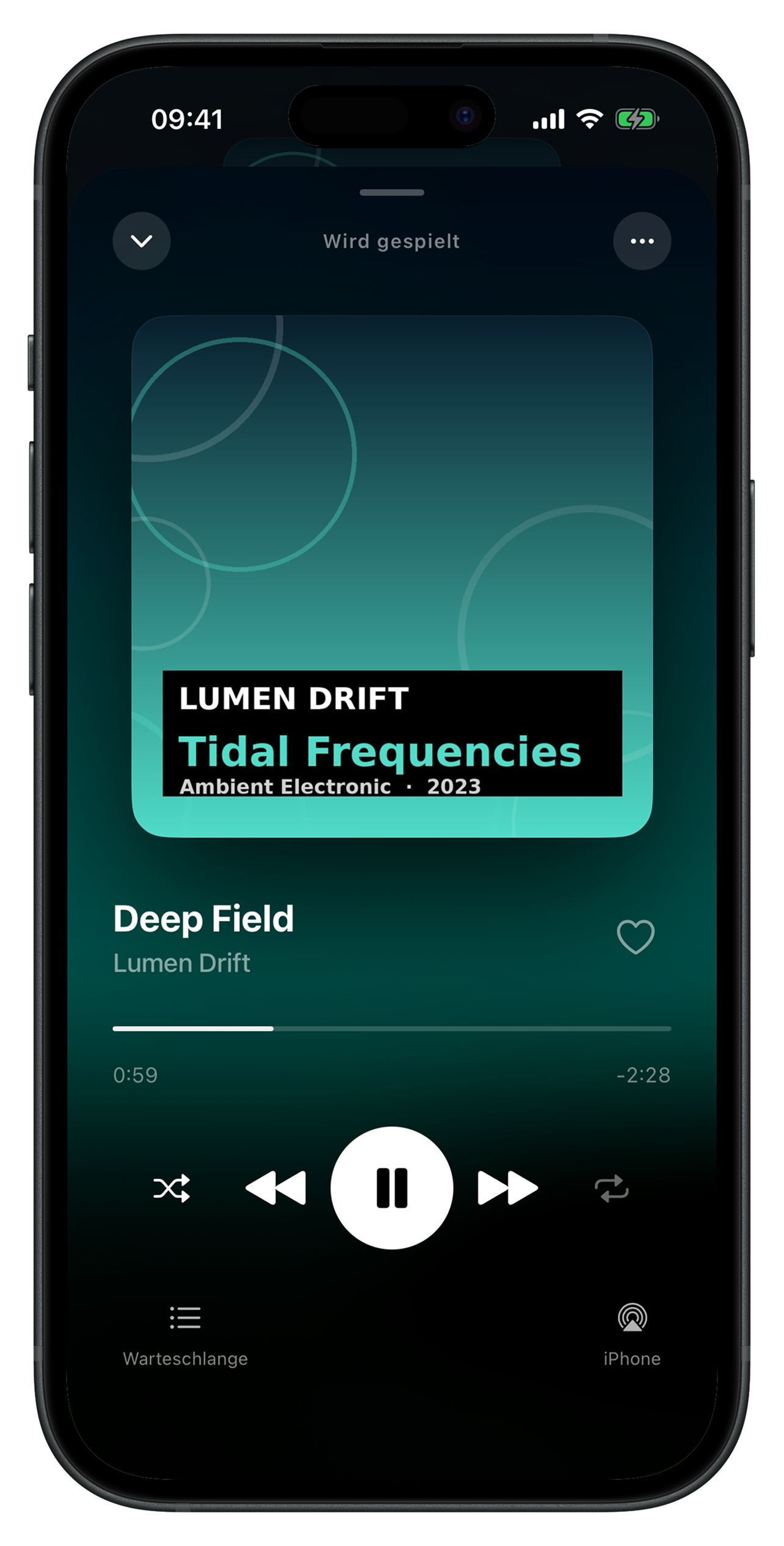 Luma Now-Playing-Ansicht mit großem Albumcover und Wiedergabesteuerung