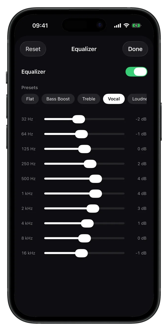 Luma 10-band equalizer with presets and per-band dB sliders
