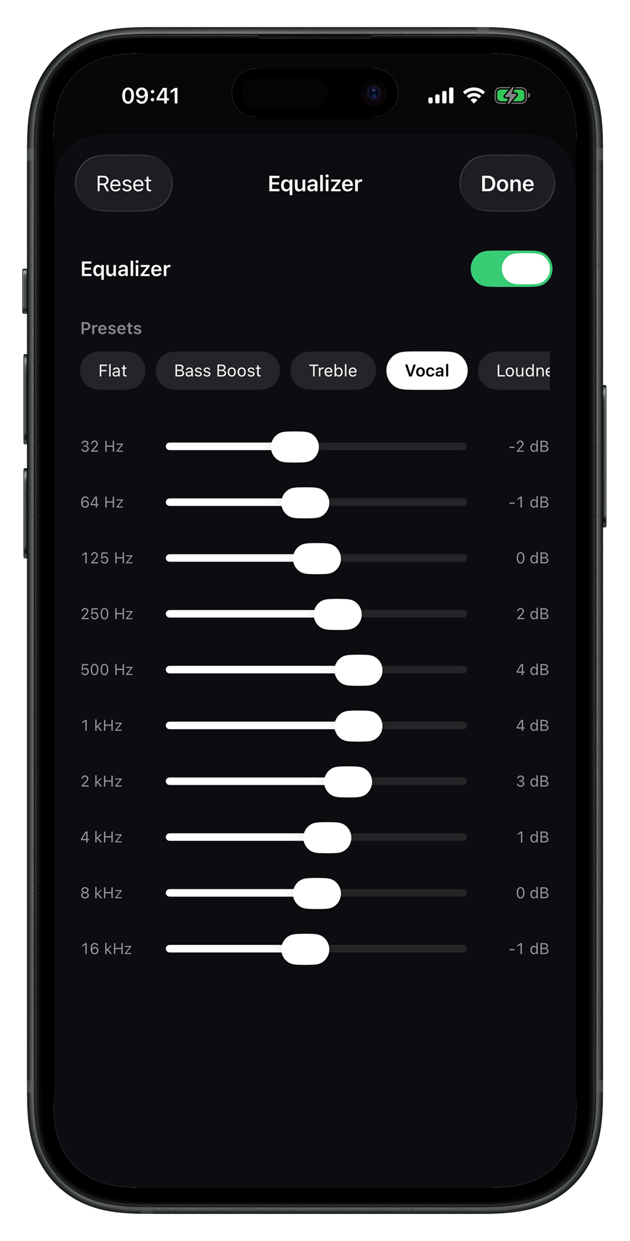 Luma 10-band equalizer with presets and per-band dB sliders