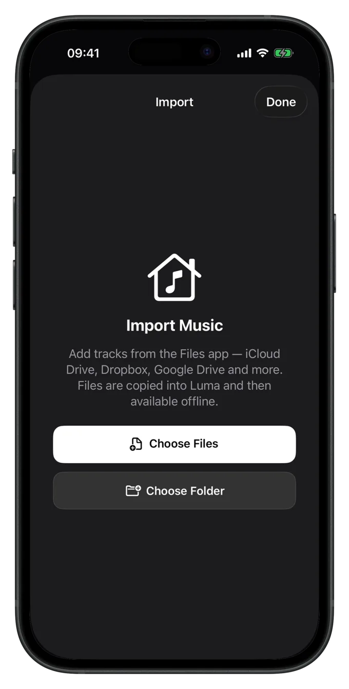 Luma import screen: selecting files or folders from the Files app