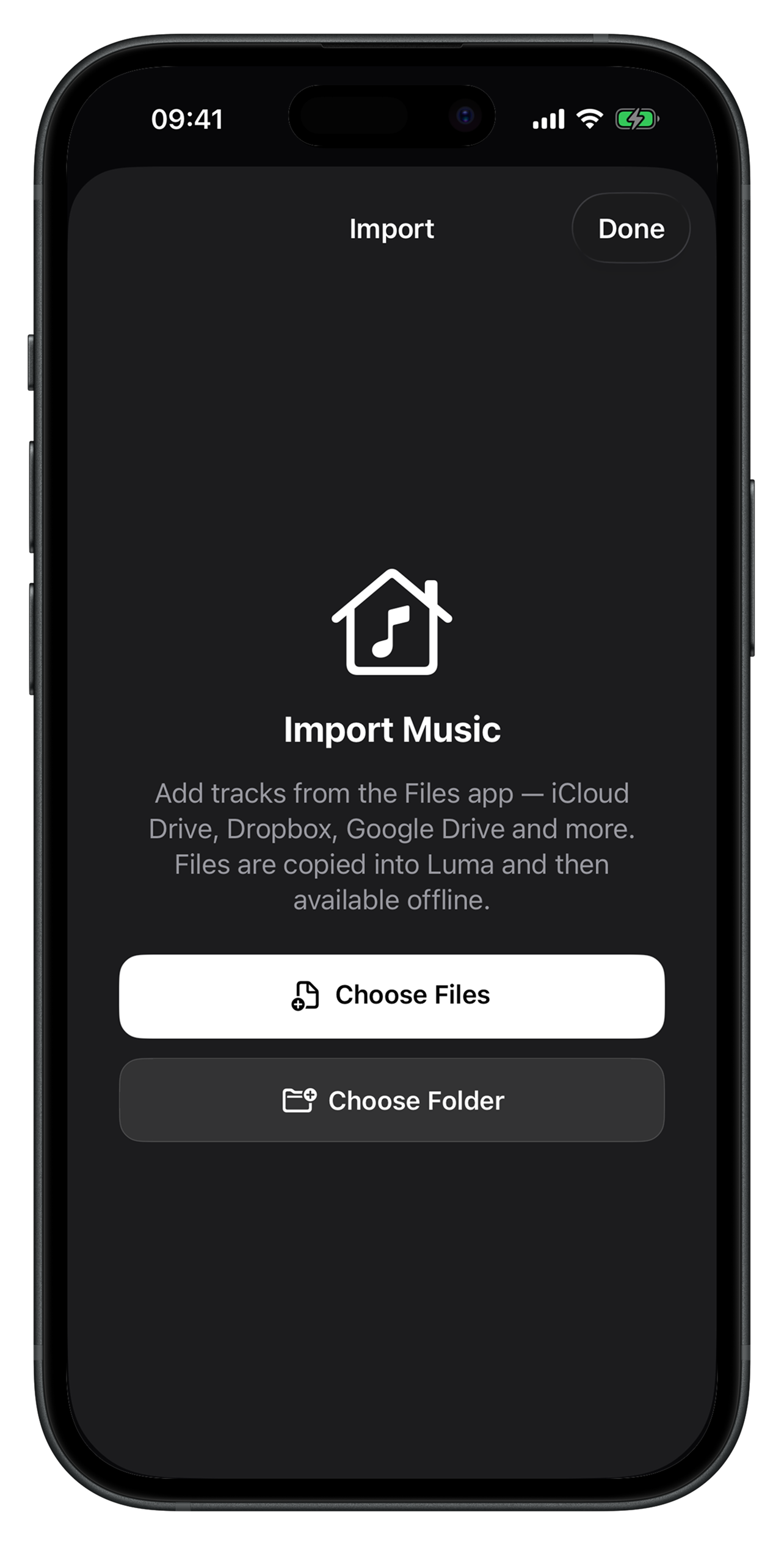 Luma import screen: selecting files or folders from the Files app