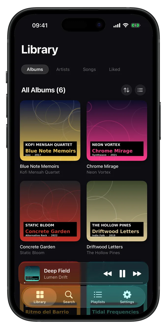 Luma library with album grid, tab bar and a “recently added” row