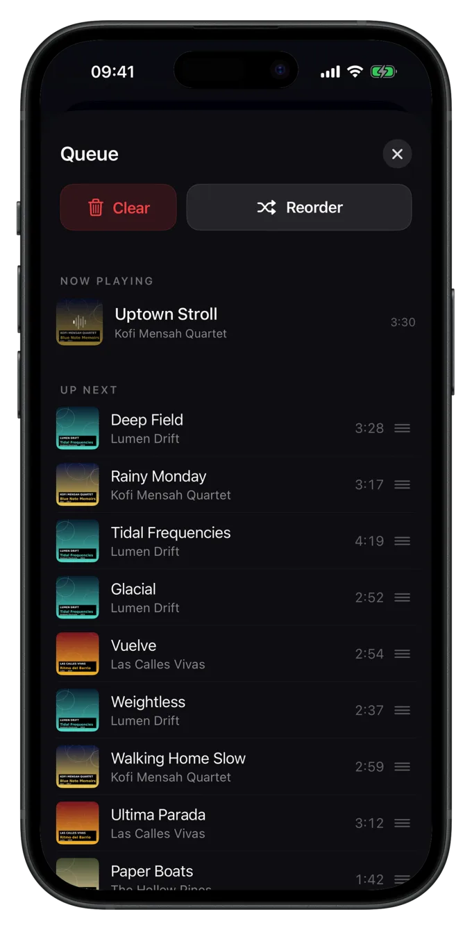 Luma queue with upcoming tracks and drag handles