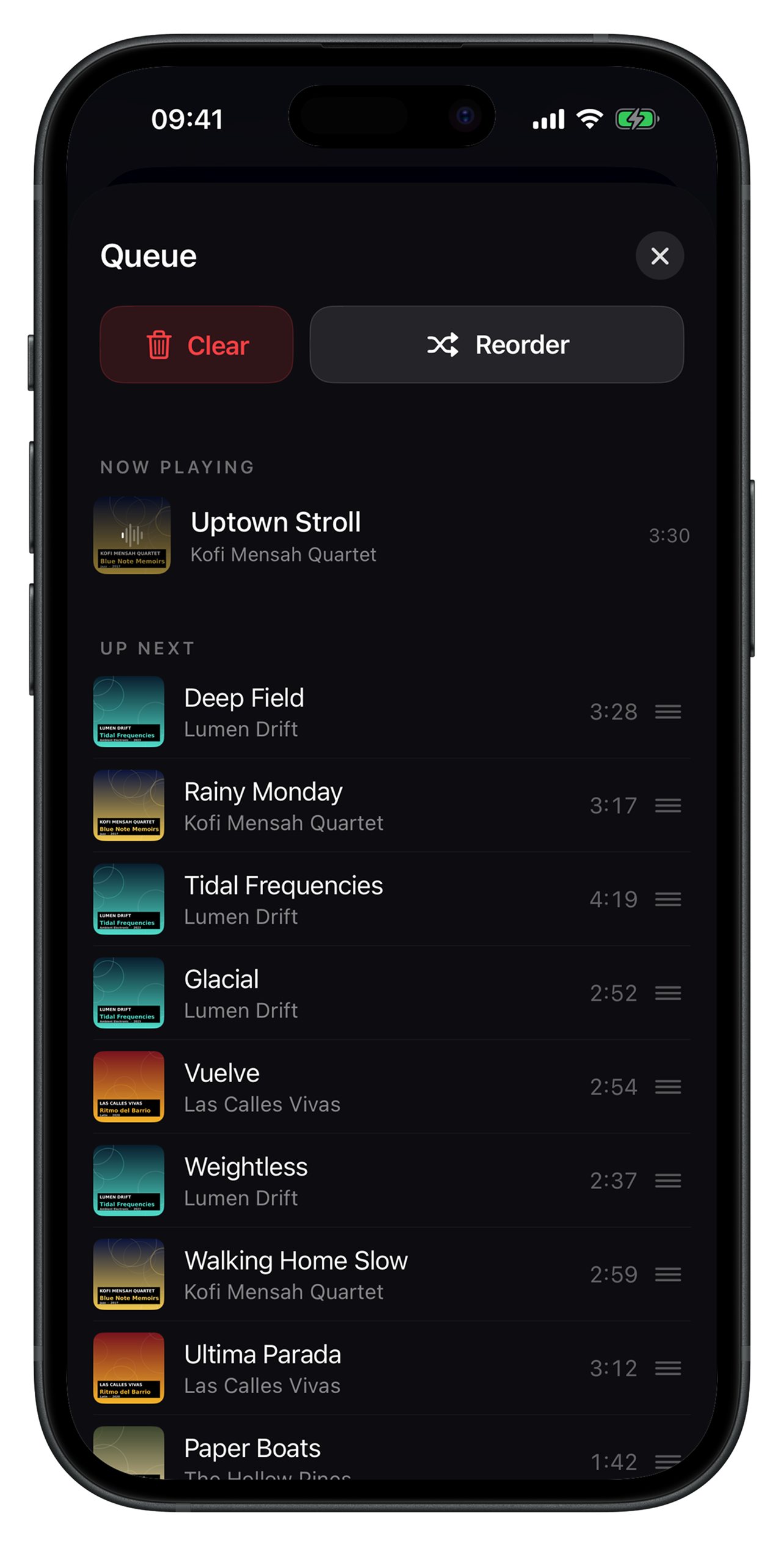 Luma queue with upcoming tracks and drag handles